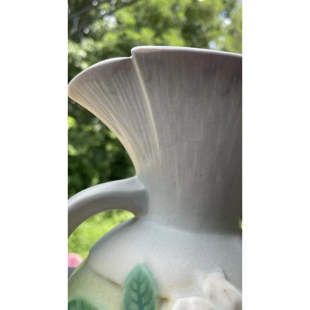 8.25in Roseville 1950s Gardenia Gray/ Purple  White Blossom Bulbous Vase #684-8